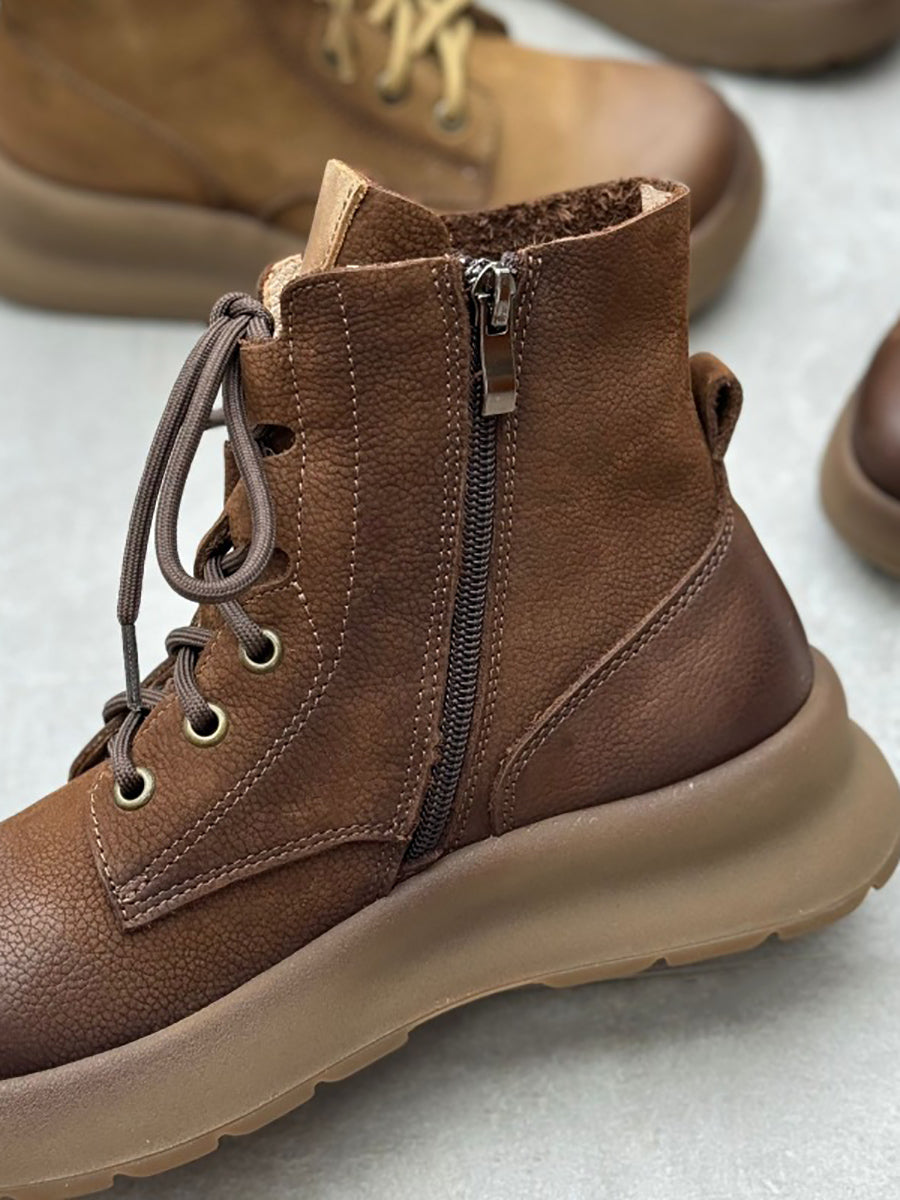 Vintage Leather Patch Strap Mid-Heel Boots