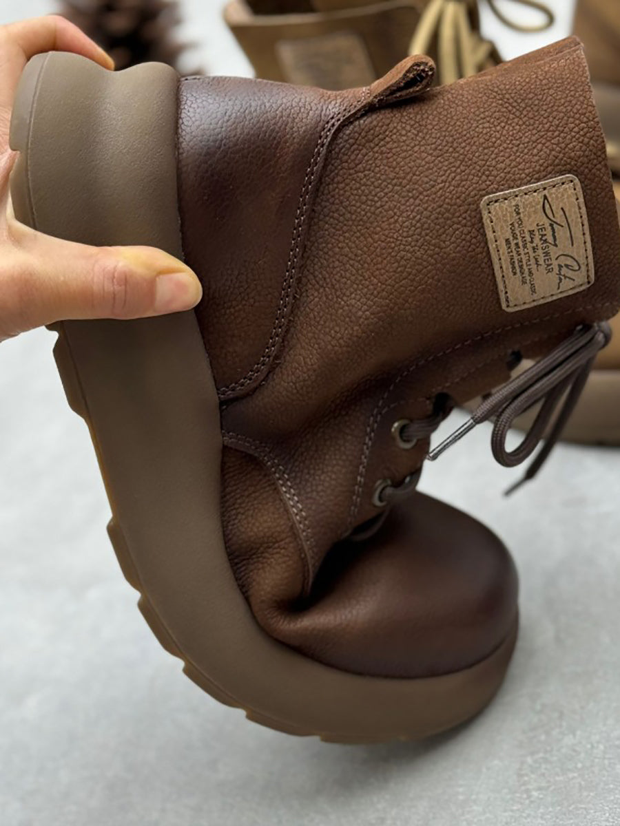 Vintage Leather Patch Strap Mid-Heel Boots