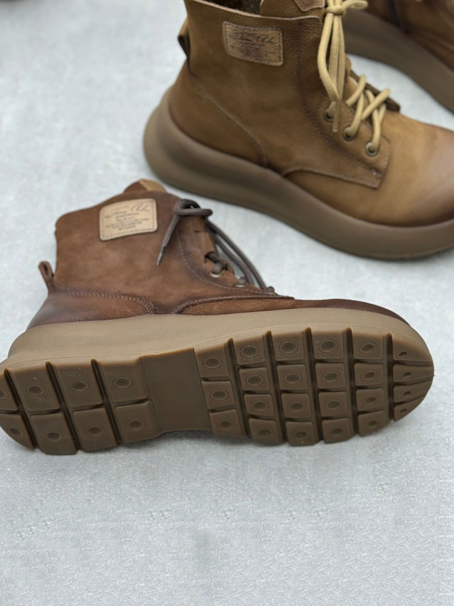 Vintage Leather Patch Strap Mid-Heel Boots