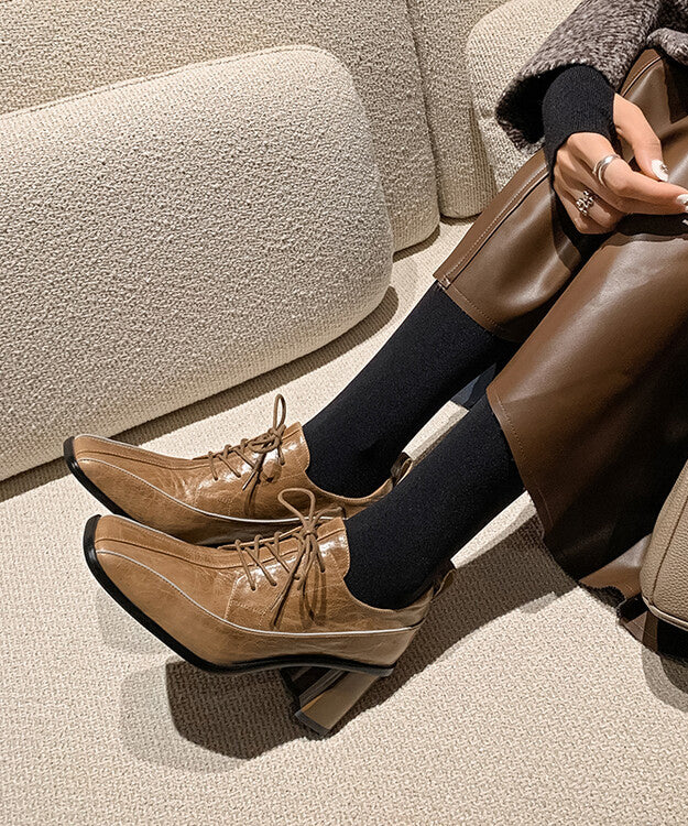 Chic Splicing Lace Up Chunky Heel Mulberry Cowhide Leather
