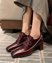 Chic Splicing Lace Up Chunky Heel Mulberry Cowhide Leather