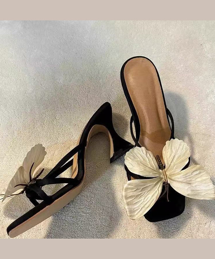 High Bow Sandals Square Slide Toe Heels Flower New