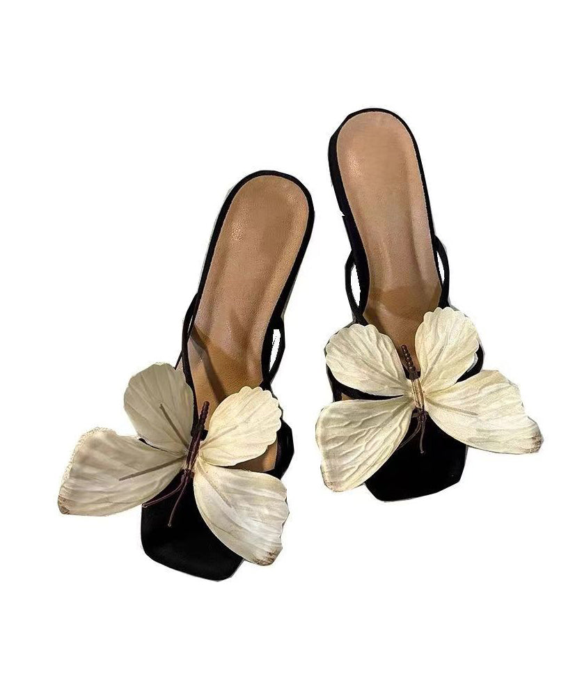 High Bow Sandals Square Slide Toe Heels Flower New