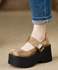 Satin High Strap Splicing Buckle Heels Brown Wedge New