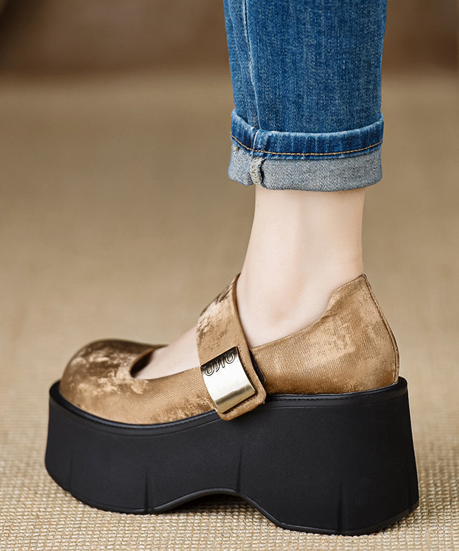 Satin High Strap Splicing Buckle Heels Brown Wedge New