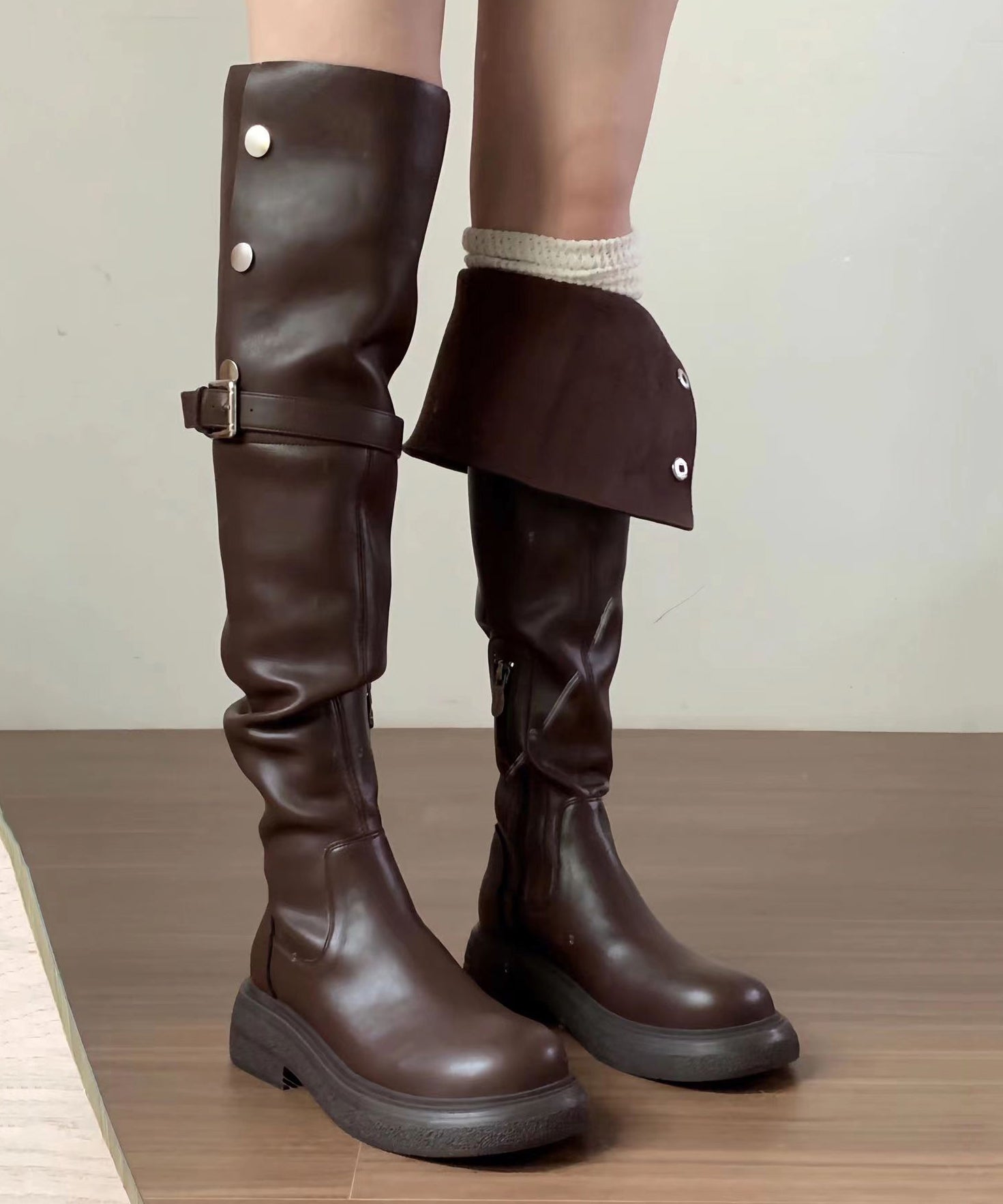 Versatile Brown Faux Leather Splicing Knee Boots