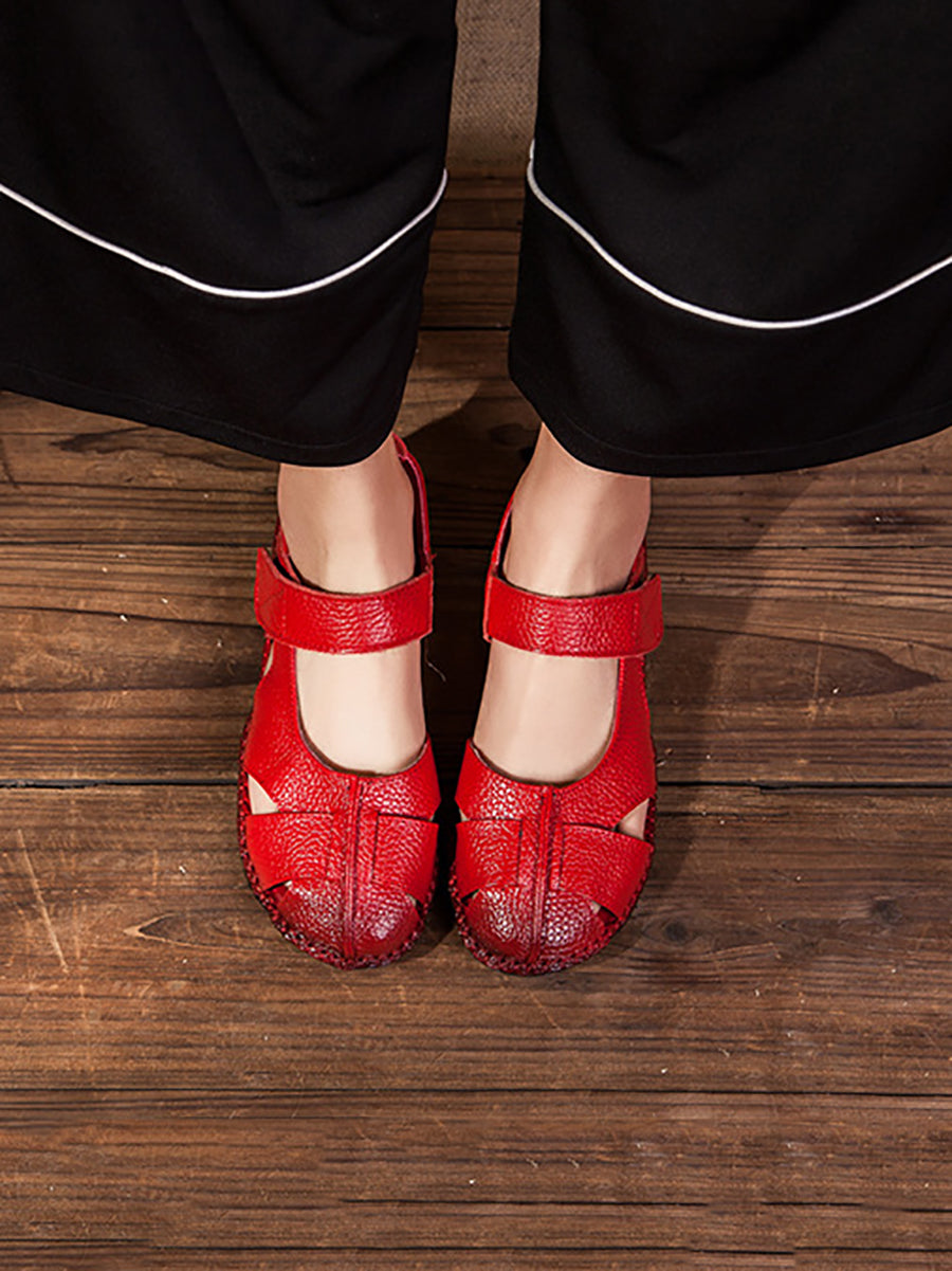 Solid Soft Leather Spliced Flat Sandals