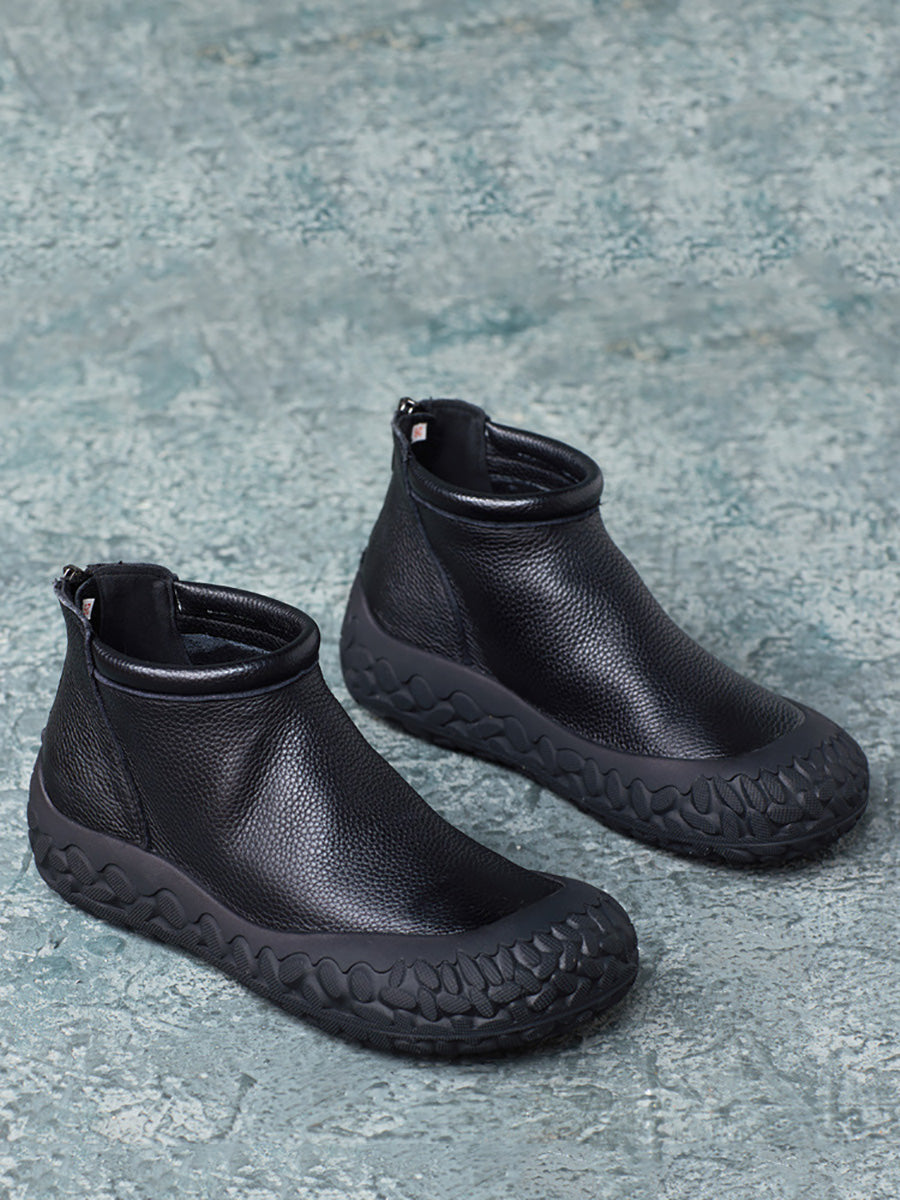 Autumn Casual Pure Color Leather Zipper Flat Boots