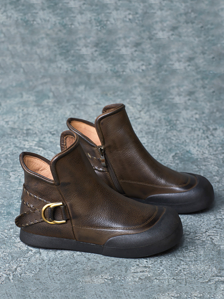 Winter Vintage Leather Spliced Zipper Flat Boots