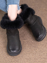 Solid Leather Plush Spliced Winter Boots