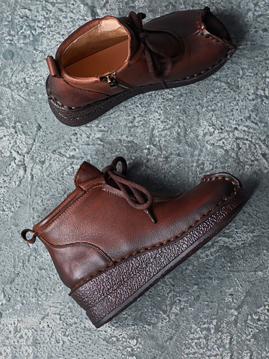 Vintage Genuine Leather Spliced Strap Mid-Heel Boots