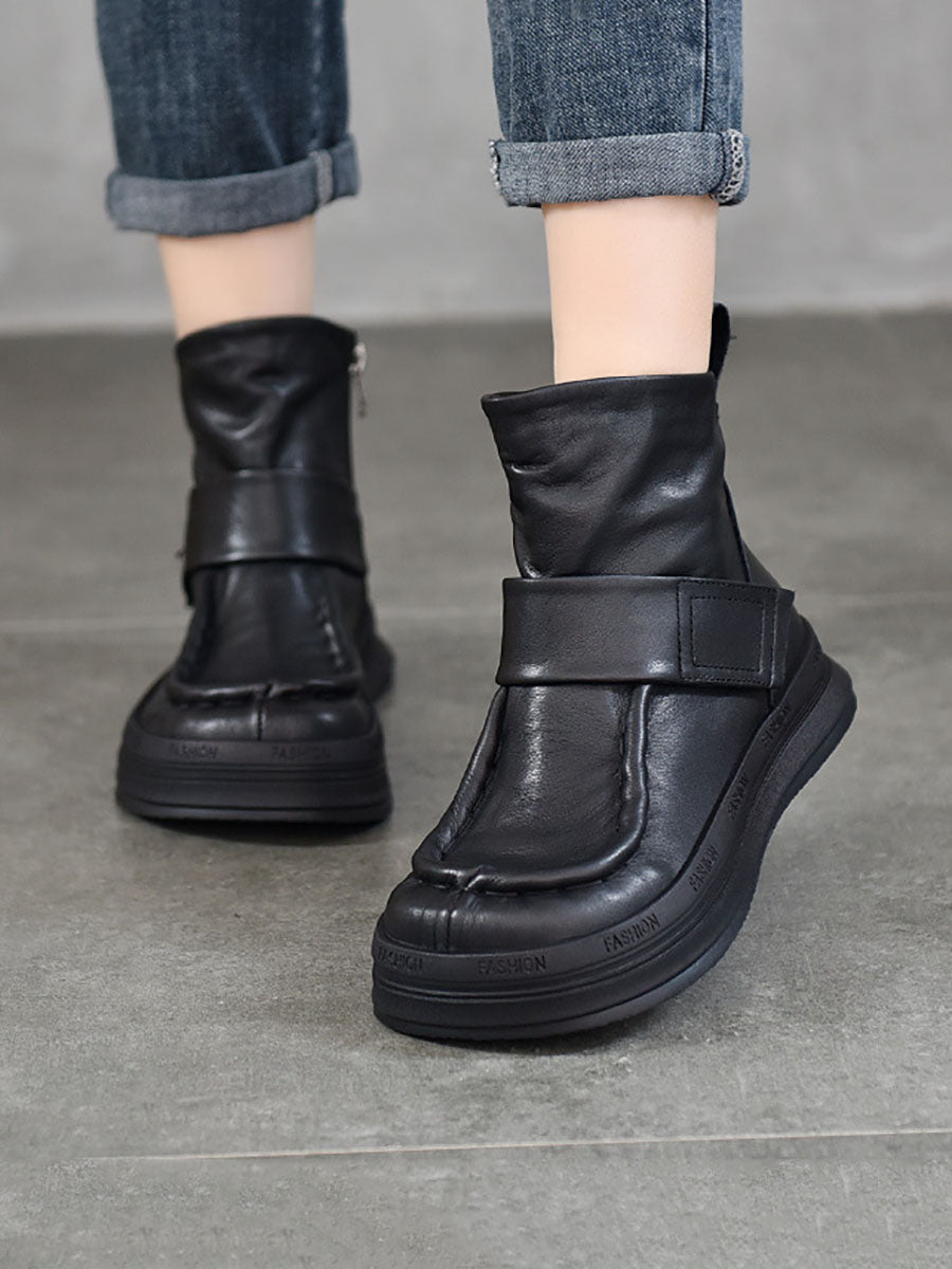 Vintage Soft Leather Spliced Flat Ankle Boots