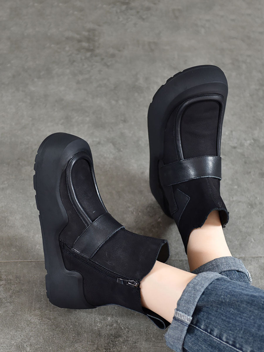 Genuine Leather Spliced Platform Boots
