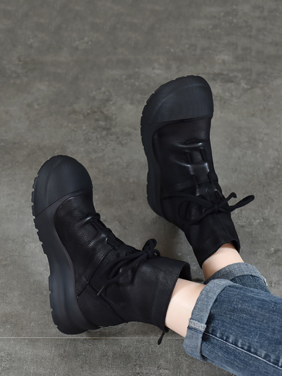 Genuine Leather Mid-Heel Martin Boots