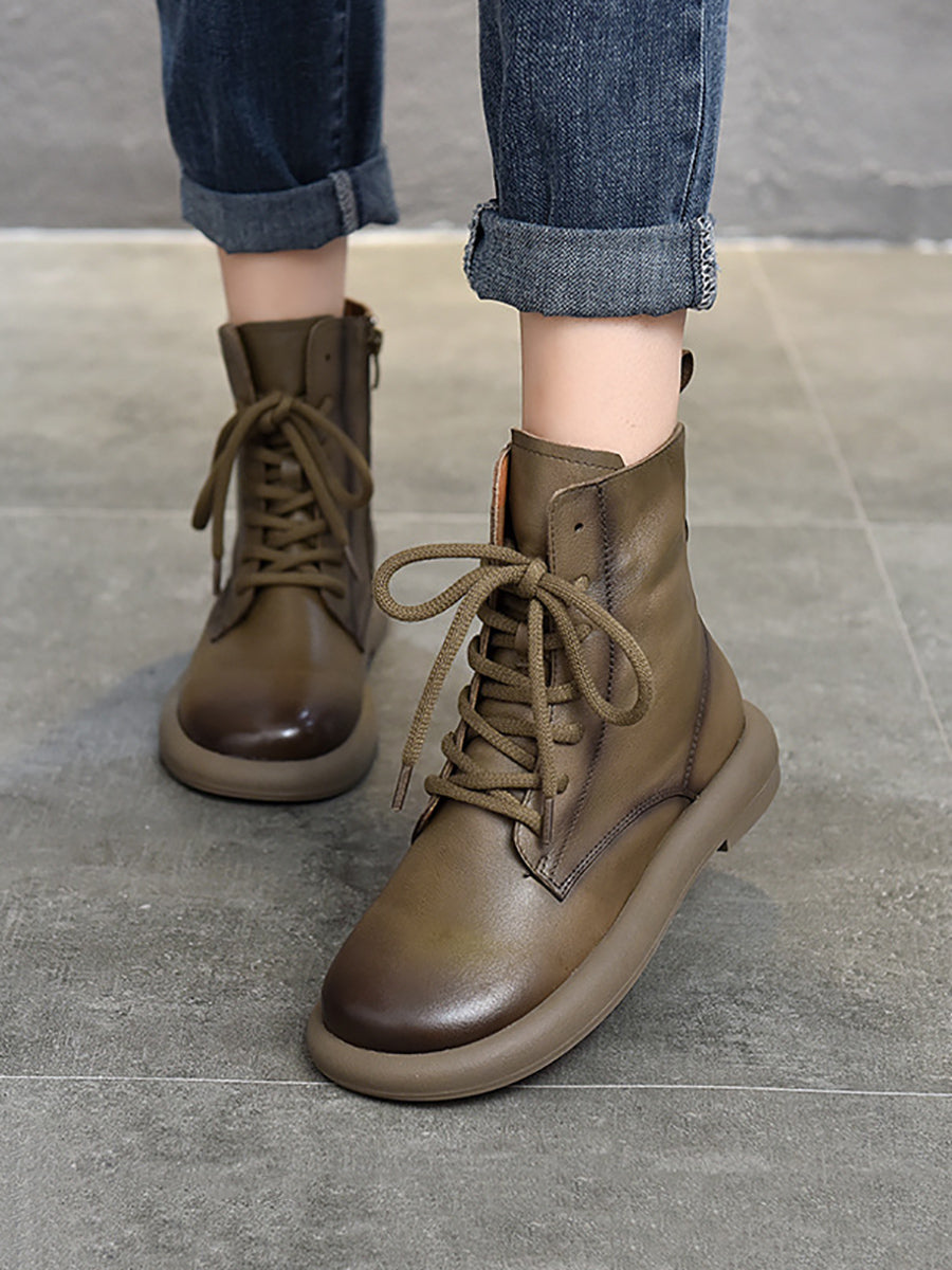 Genuine Leather Soft Zipper Mid Heel Martin Boots