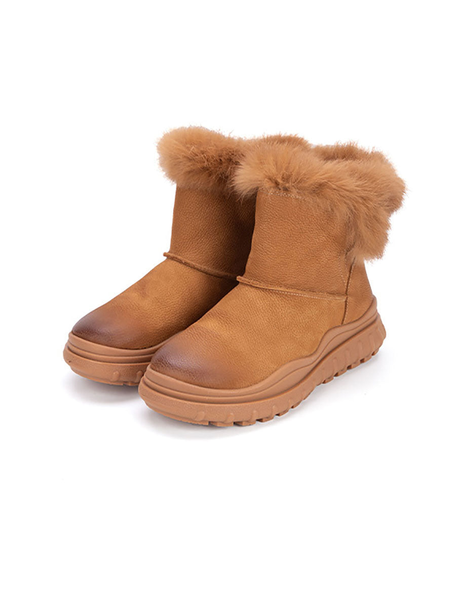 Solid Leather Plush Spliced Winter Boots