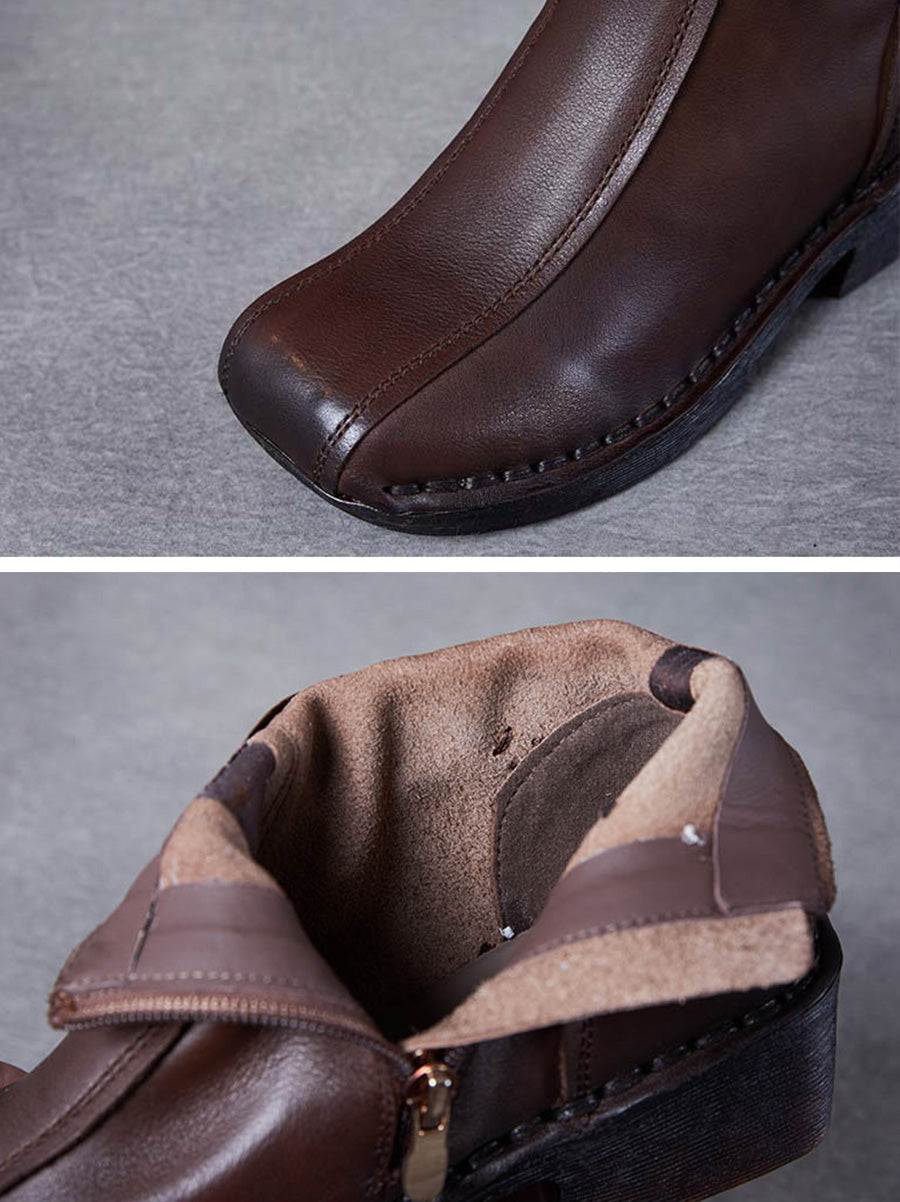 Autumn Genuine Leather Spliced Mid-Heel Boots