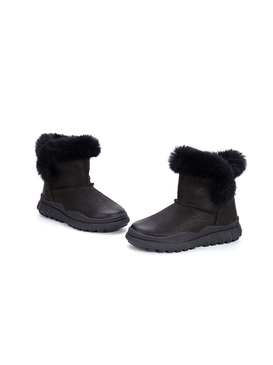 Solid Leather Plush Spliced Winter Boots