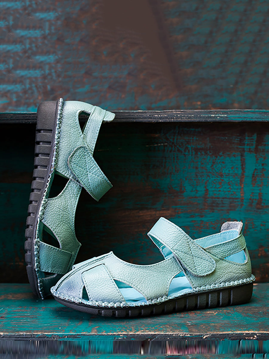 Solid Soft Leather Spliced Flat Sandals