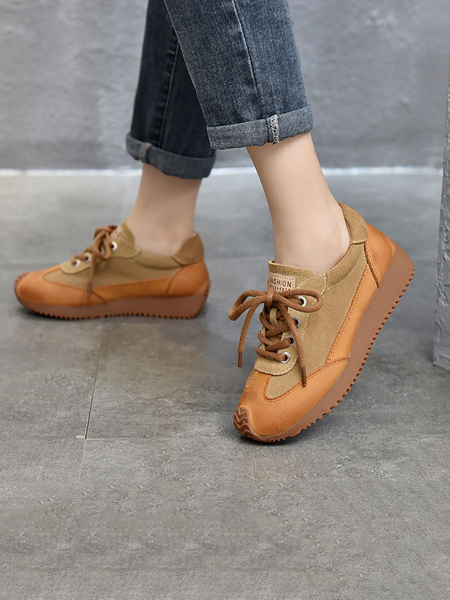 Casual Leather Colorblock Strap Mid Heel Sport Shoes
