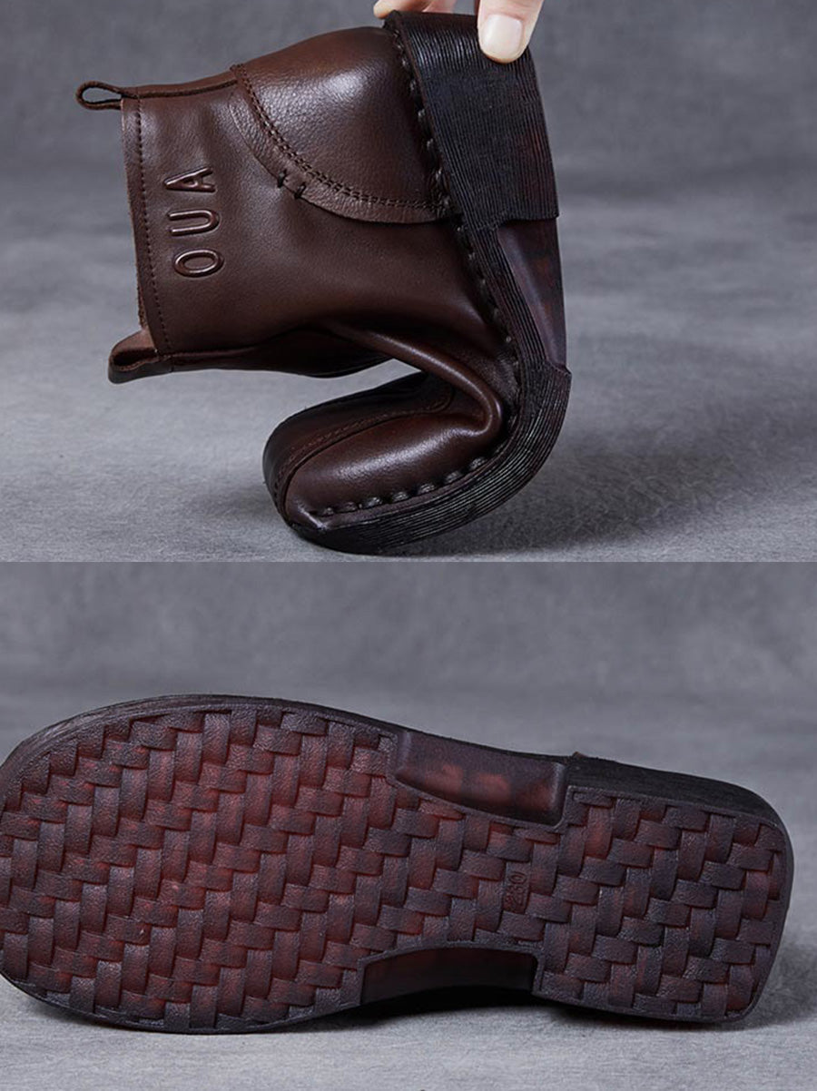 Autumn Genuine Leather Spliced Mid-Heel Boots
