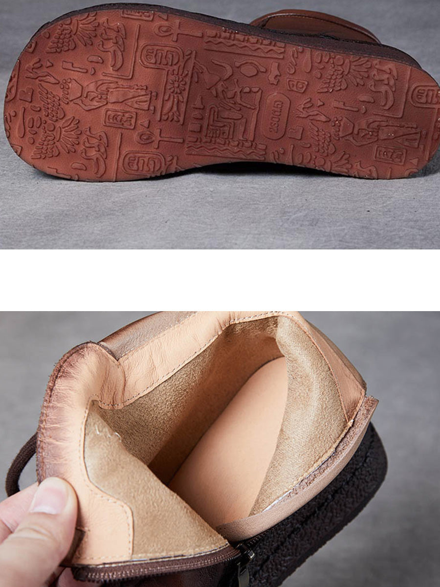 Retro Soft Leather Spliced Fleece-lined Mid-Heel Boots