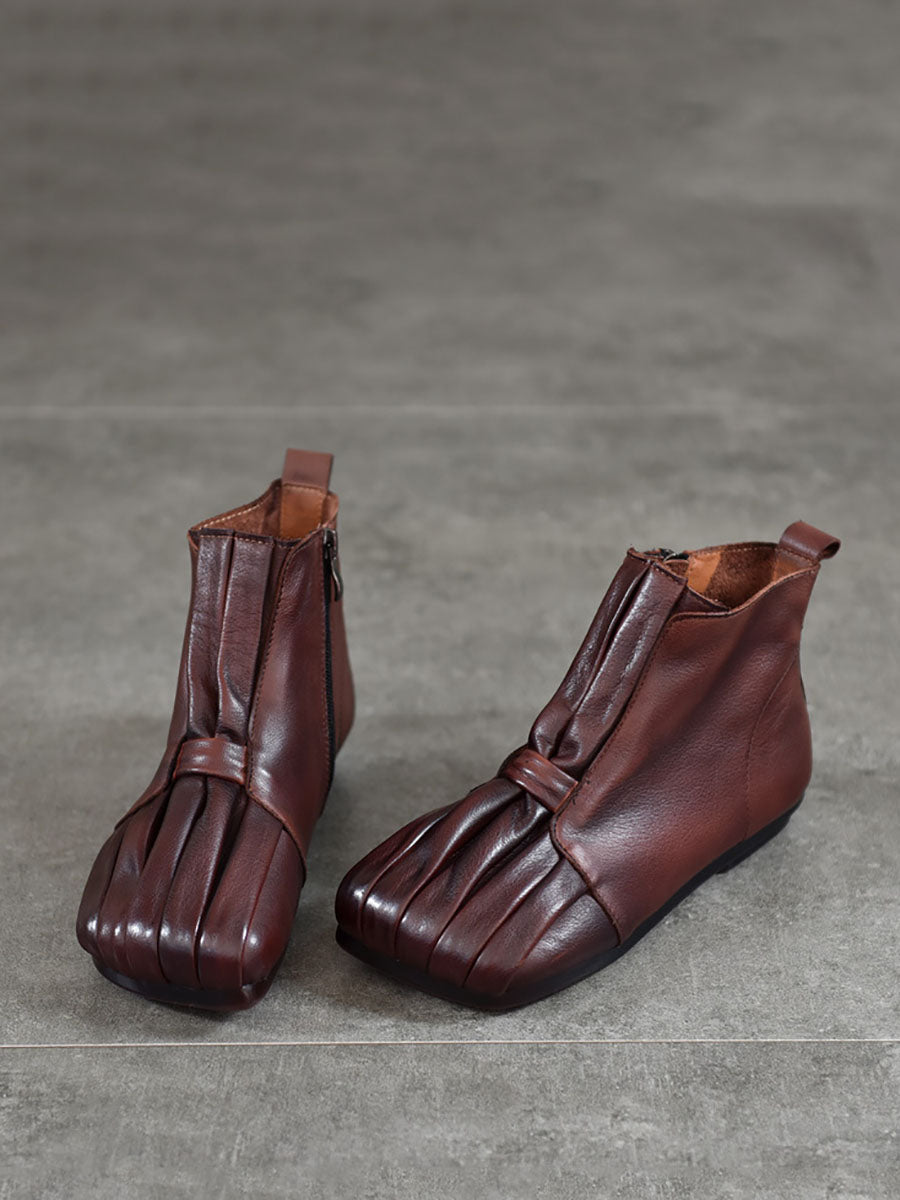 Soft Leather Shirred Square Toe Ankle Boots