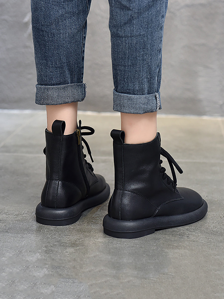 Genuine Leather Soft Zipper Mid Heel Martin Boots