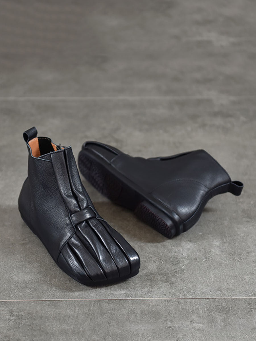Soft Leather Shirred Square Toe Ankle Boots