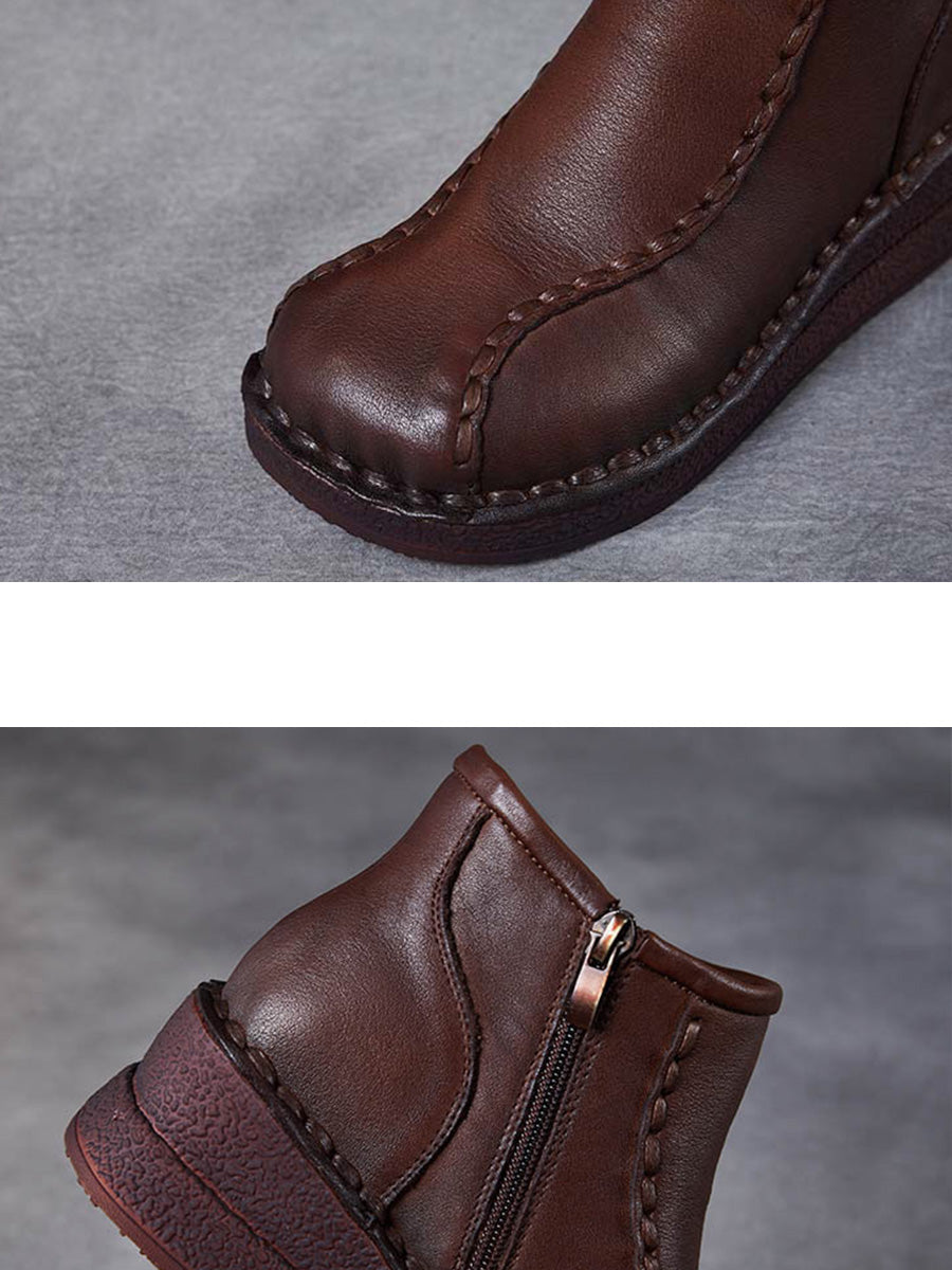 Retro Soft Leather Spliced Fleece-lined Mid-Heel Boots