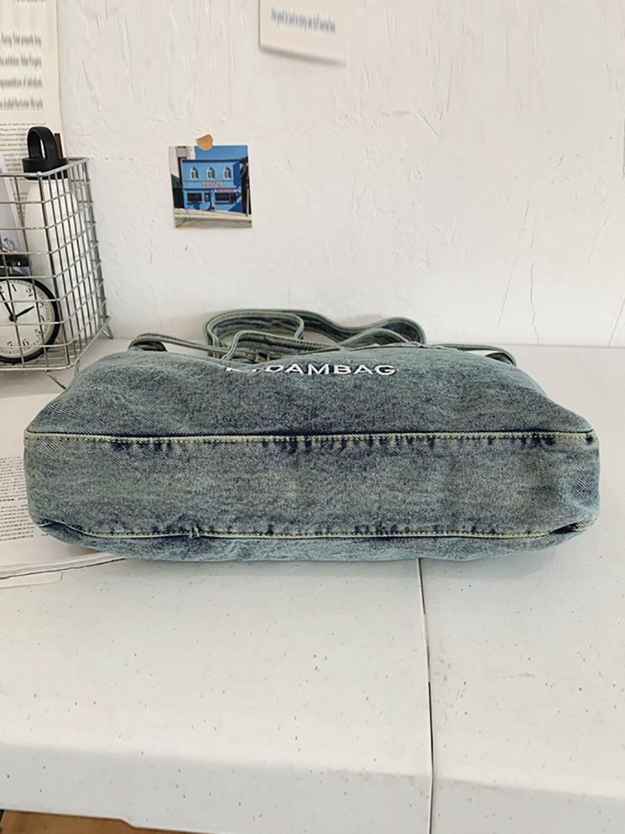 Vintage Solid Pocket Denim Handbag Shoulder Bag