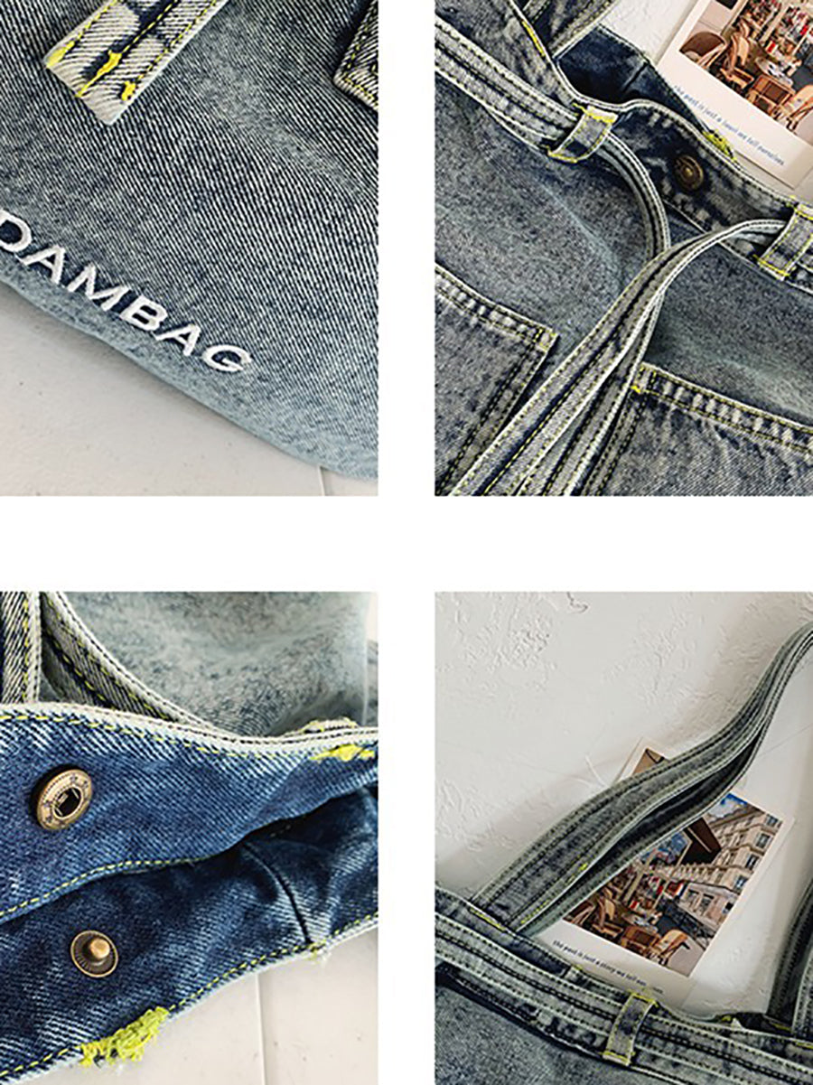 Vintage Solid Pocket Denim Handbag Shoulder Bag