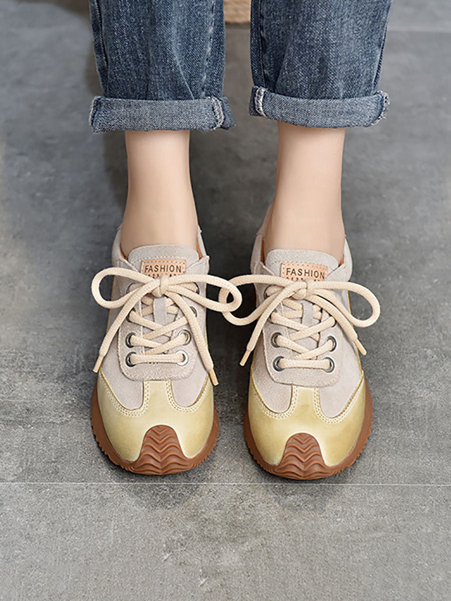 Casual Leather Colorblock Strap Mid Heel Sport Shoes