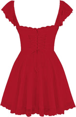 Cute Scalloped Cap Sleeve Square Neck Fit & Flare Mini Summer Sundress - Red