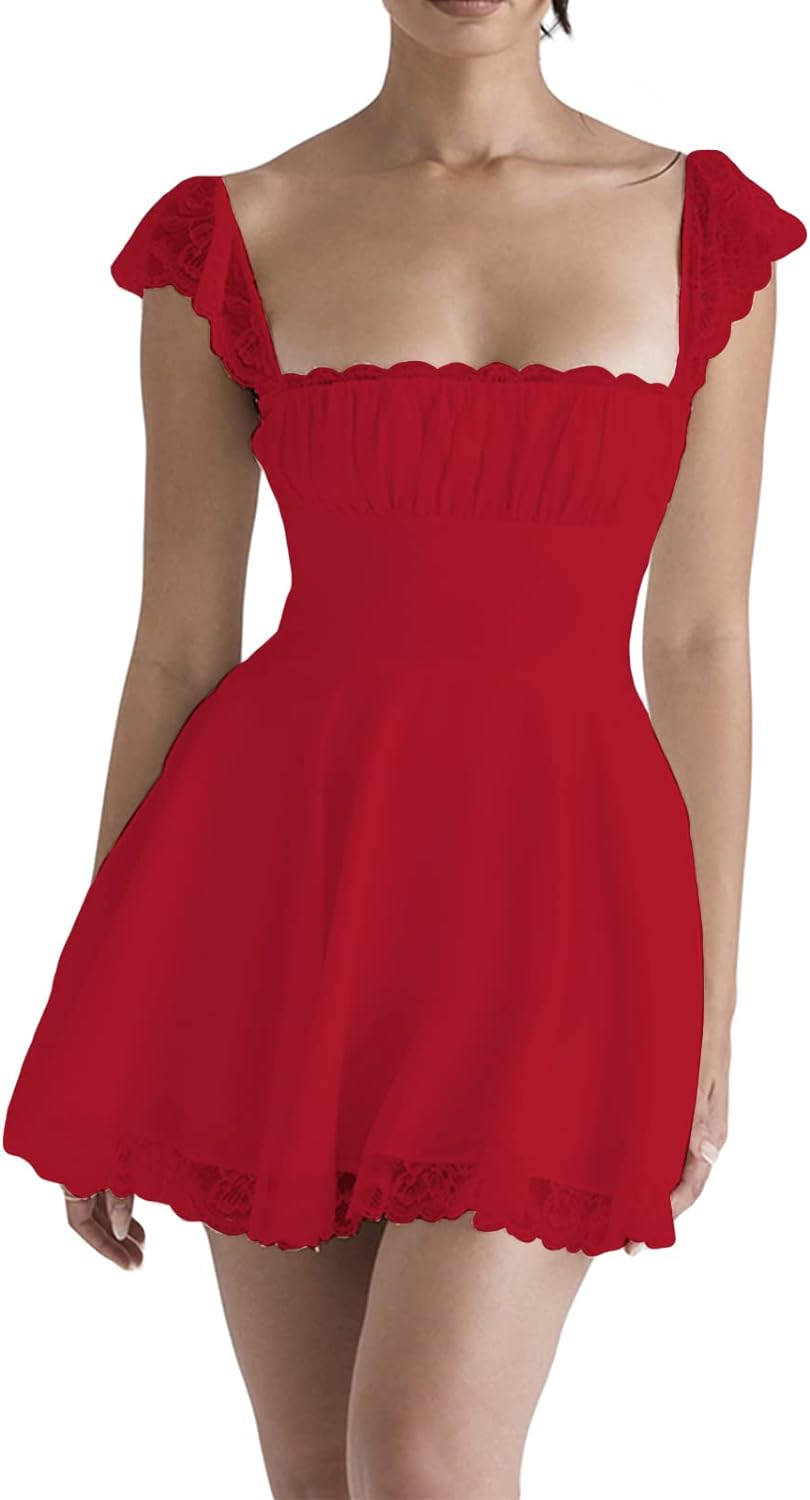 Süßes Fit &amp; Flare Mini Sommerkleid mit gewellten Flügelärmeln und quadratischem Ausschnitt - Rot