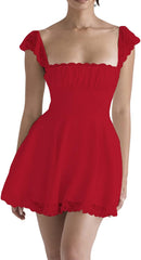 Cute Scalloped Cap Sleeve Square Neck Fit & Flare Mini Summer Sundress - Red