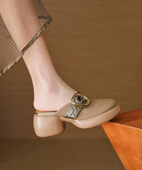 Sandals Slide Hollow Leather Out Cowhide Platform Apricot