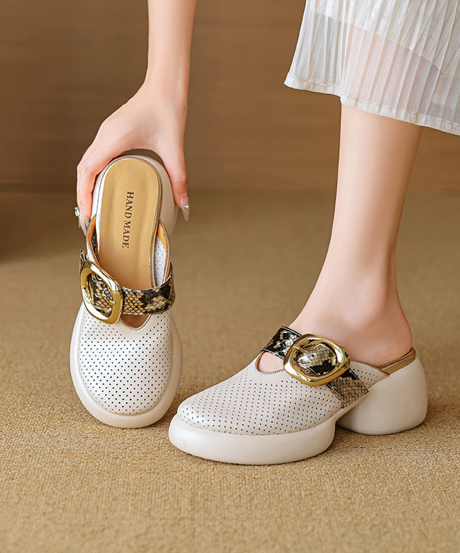 Sandals Slide Hollow Leather Out Cowhide Platform Apricot