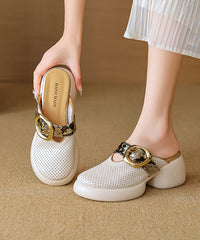 Sandals Slide Hollow Leather Out Cowhide Platform Apricot