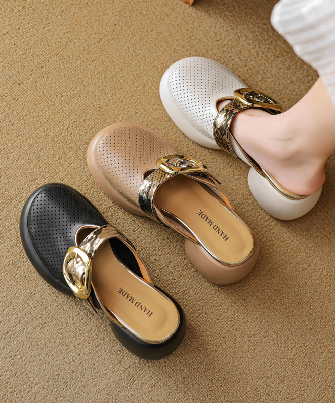 Sandals Slide Hollow Leather Out Cowhide Platform Apricot