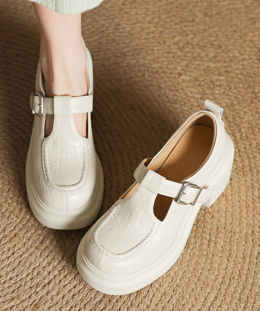 Beige Sheepskin Chunky Heel Loafers Splicing Buckle Strap