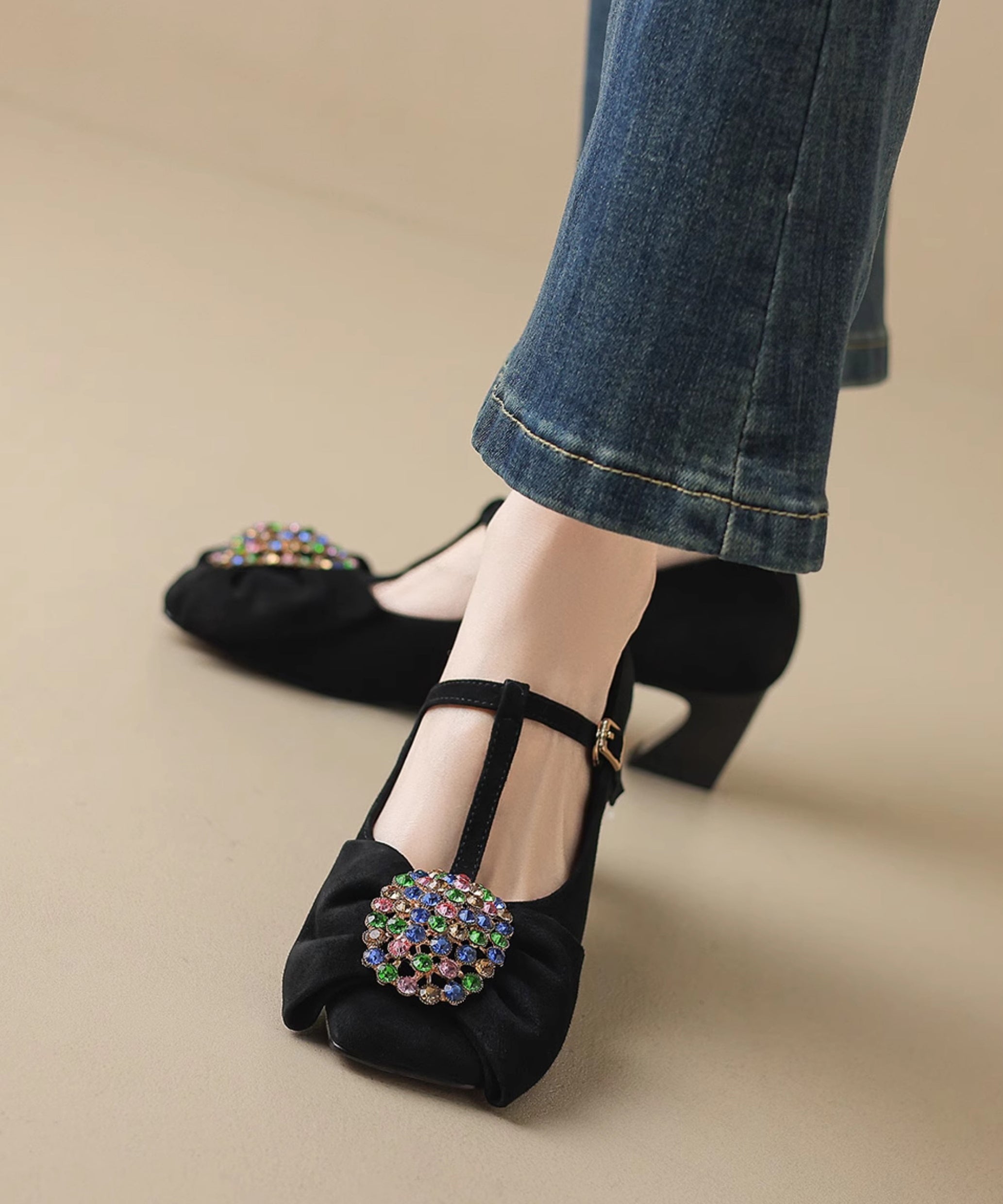 Suede Strap Zircon Buckle High Chunky Black Bow Heels Splicing