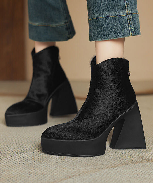 Black Chunky Heel Zippered Splicing Horsehair Boots