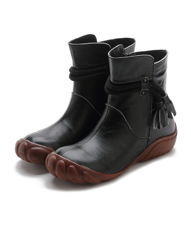 Cowhide Black Retro Comfortable Leather Boots Tassel Splicing