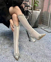 Heel Mesh Boots Black Splicing Chunky Out Tulle Hollow