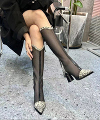 Heel Mesh Boots Black Splicing Chunky Out Tulle Hollow