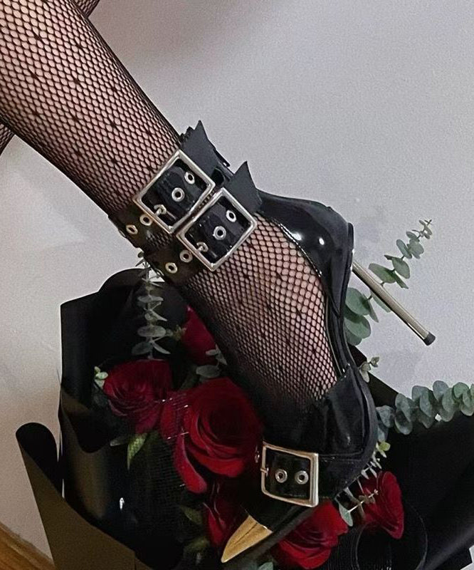 Black Sandals Stiletto Faux Leather Splicing Rivet