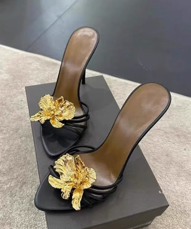 Splicing Floral Slide Sandals Faux Black Stiletto Leather