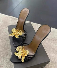 Splicing Floral Slide Sandals Faux Black Stiletto Leather