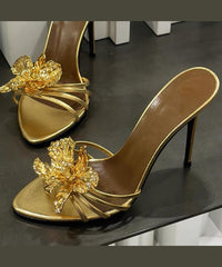 Splicing Floral Slide Sandals Faux Black Stiletto Leather